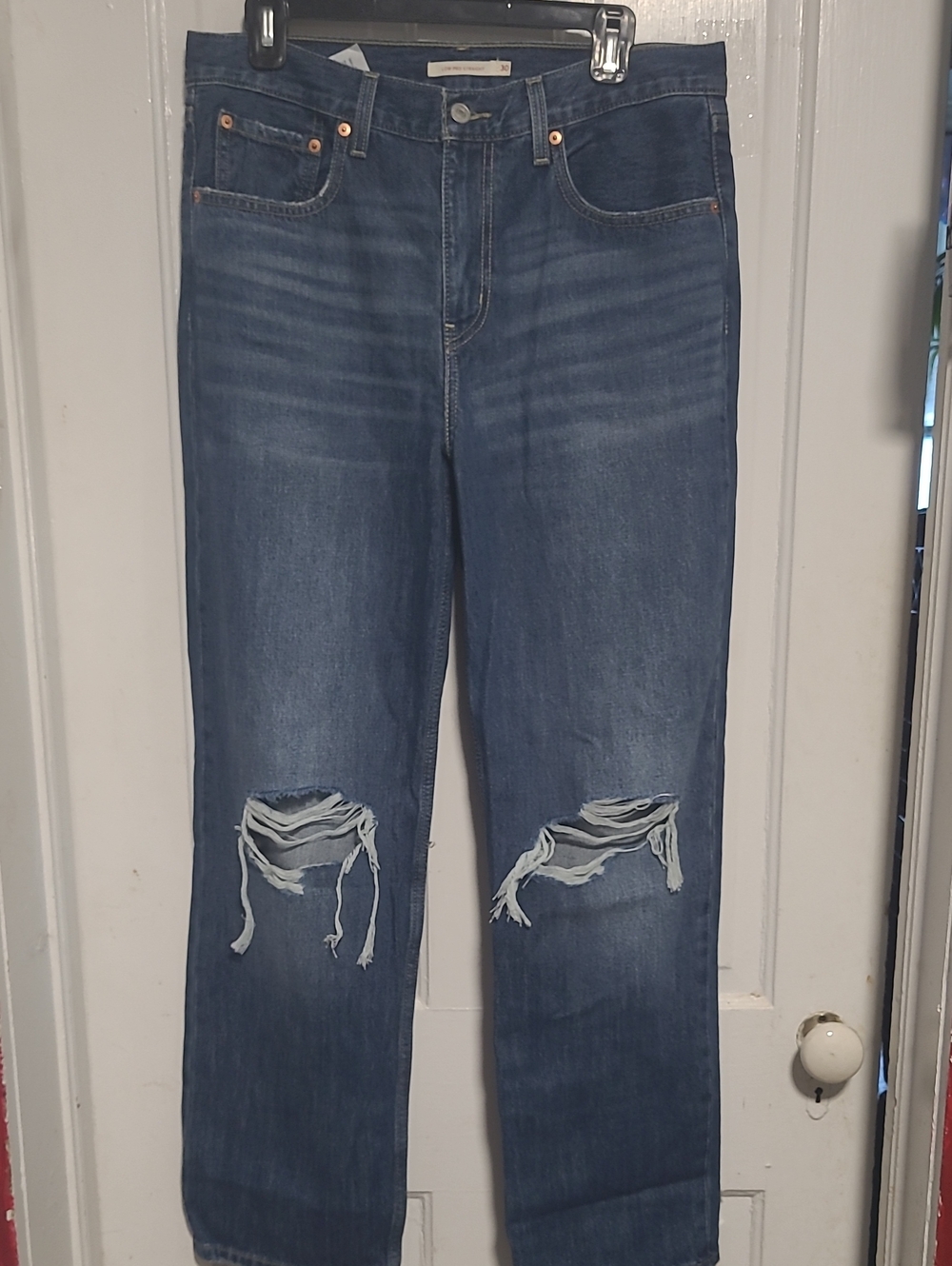 Levi's Women's Straight Leg Jeans — Dark Blue with Distressed Knees